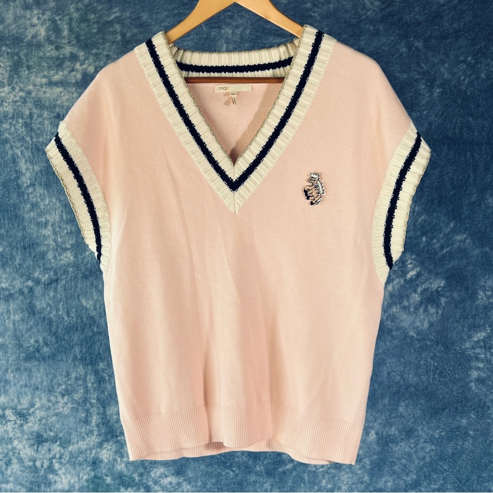 Maje Monette Pink Sweater Vest w/ Embroidered Pony
